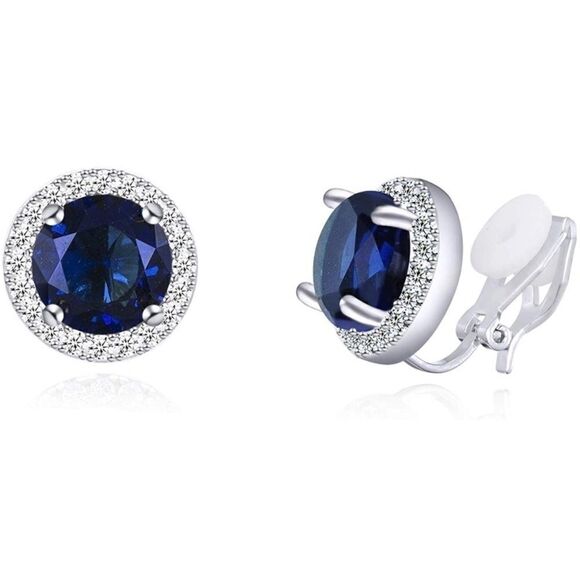 8mm Simulated Sapphire Clip On Stud Earrings - Picture 1 of 7